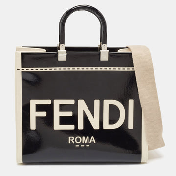 Fendi Black/off White Canvas And Patent Leather Medium Sunshine Shopper Tote