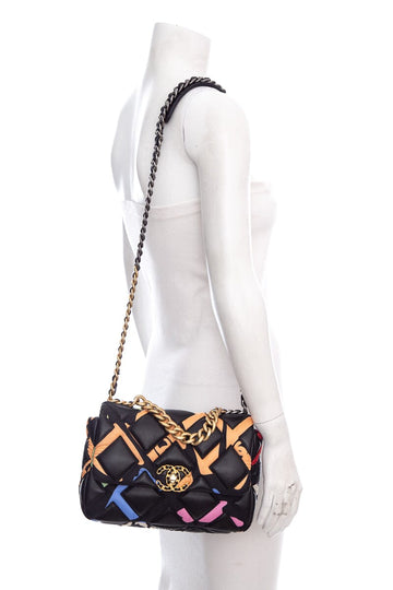 Chanel 19 Black Multicolor Printed Fabric & Lambskin Handbag