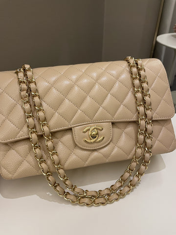 Chanel Classic Quilted Medium Double Flap Beige Claire Caviar