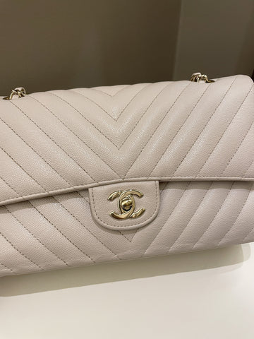 Chanel Classic Chevron Medium Double Flap Ivory Cream Caviar