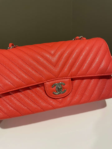 Chanel Classic Chevron Medium Double Flap Coral Caviar