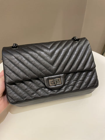 Chanel 2.55 225 So Black Chevron Reissue Double Flap Black Calfskin