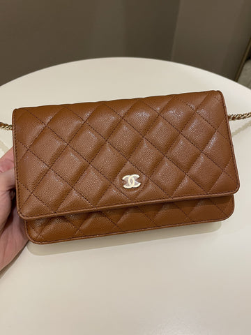 Chanel 23A Cc Quilted Wallet on Chain Tan Brown Caviar