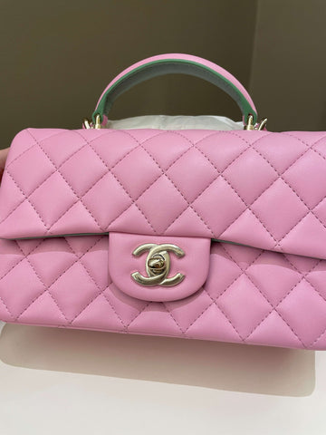 Chanel 23P Quilted Top Handle Mini Rectangular Candy Pink / Apple Green Lambskin