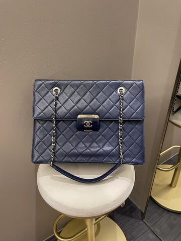 Chanel Quilted Large Shopper Tote Blue Grainy Goatskin