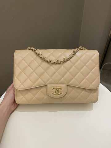 Chanel Classic Quilted Jumbo Single Flap Beige Caviar
