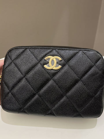 Chanel 22P Quilted Camera Sling Bag Black Caviar
