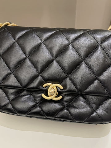 Chanel 22S Quilted Lacquered Chain Flap Bag Black Lambskin