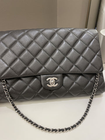 Chanel Quilted Timeless Flap Clutch Bag Grey Caviar