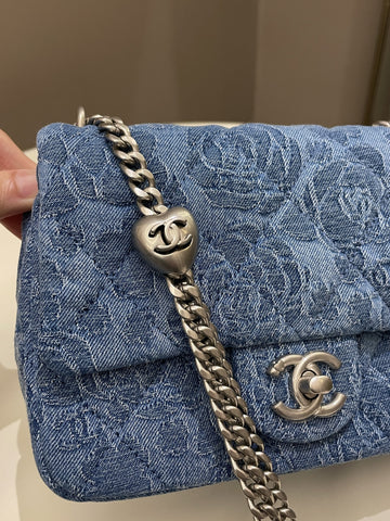 Chanel 23P Camellia Sweet Heart Mini Flap Blue Denim