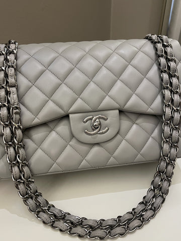 Chanel Classic Quilted Jumbo Double Flap Grey Lambskin