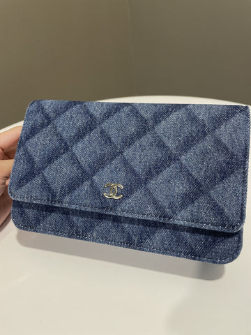Chanel 22B Classic Quilted Wallet on Chain Blue Denim
