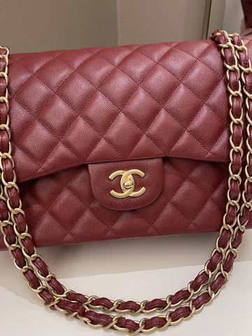 Chanel 18C Classic Quilted Jumbo Double Flap Iridescent Burgundy Caviar Leather