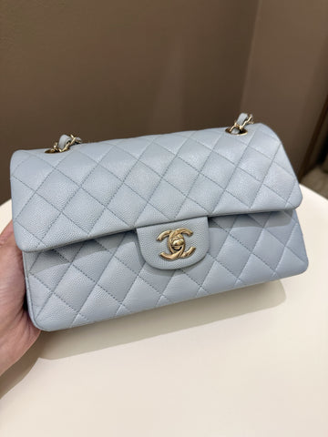 Chanel 22P Classic Quilted Small Double Flap Light Blue Caviar