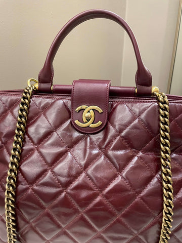 Chanel Quilted CC Portobello Tote Burgundy Distressed Leather