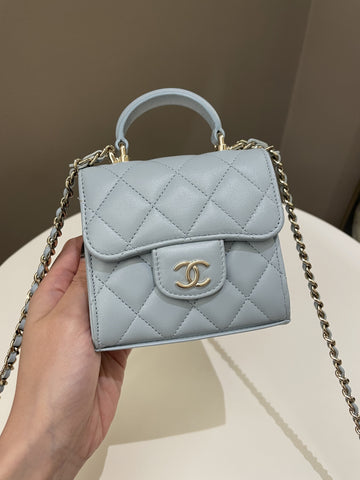 Chanel 22P Top Handle Clutch On Chain Baby Blue Lambskin