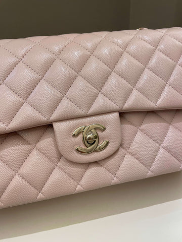 Chanel 21C Classic Quilted Medium Double Flap Rose Claire Beige Caviar