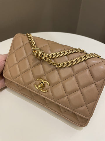 Chanel 22K Pearl Crush Wallet On Chain Dark Beige Lambskin