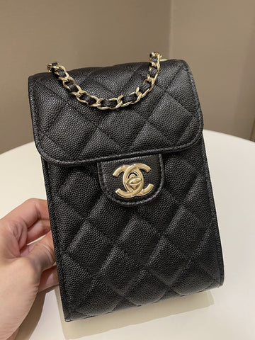Chanel Quilted Cc Vertical Phone Clutch On Chain Black Caviar