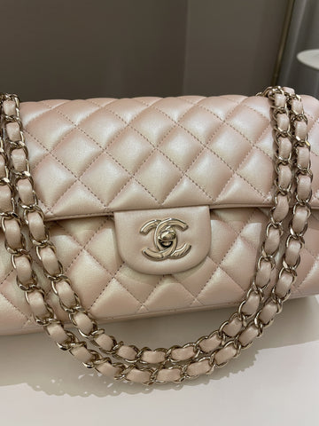Chanel 21S Classic Quilted Medium Double Flap Iridescent Pearl Beige Calfskin