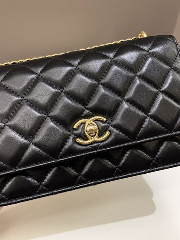 Chanel 23C Quilted Cc Wallet On Chain Black Glazed