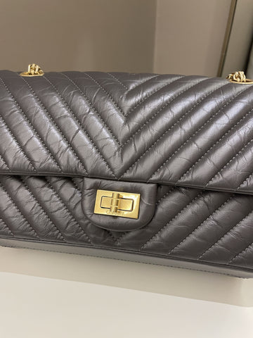 Chanel 2.55 225 Chevron Reissue Double Flap Dark Grey Aged Calfskin
