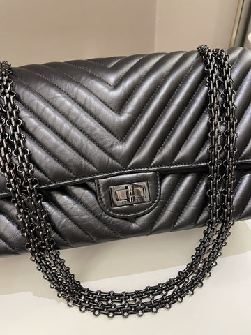 Chanel 2.55 226 So Black Chevron Reissue Double Flap Black Aged Calfskin