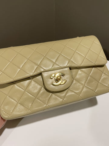 Chanel Vintage Classic Quilted Small Double Flap Beige Lambskin