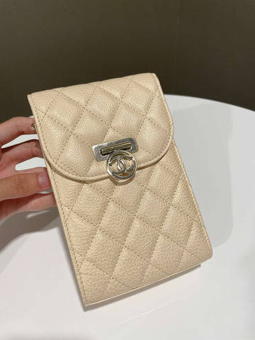 Chanel Quilted Cc Vertical Phone Clutch On Chain Iridescent Champagne Caviar