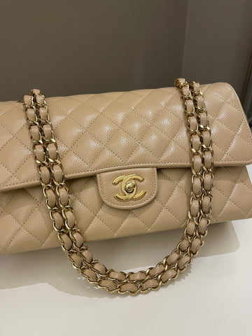 Chanel Classic Quilted Medium Double Flap Beige Claire Caviar