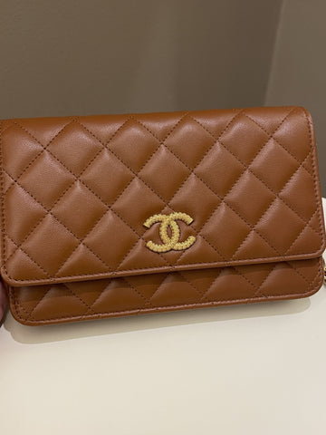 Chanel 23A Cc Quilted Wallet on Chain Tan Brown Stiff Lambskin