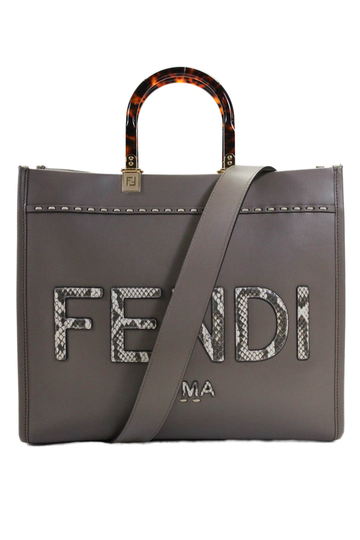 Fendi Womens Large Snakeskin Logo Sunshine Leather Tote Handbag Brown White