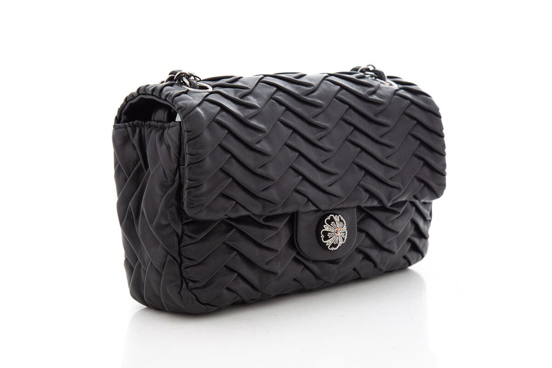Chanel 2008 Black Lambskin Pleated Leather Single Flap Handbag