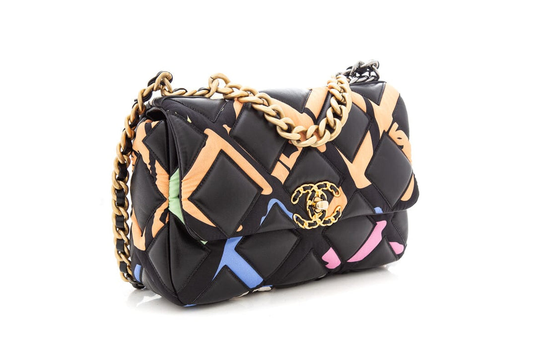 Chanel 19 Black Multicolor Printed Fabric &  Lambskin Handbag