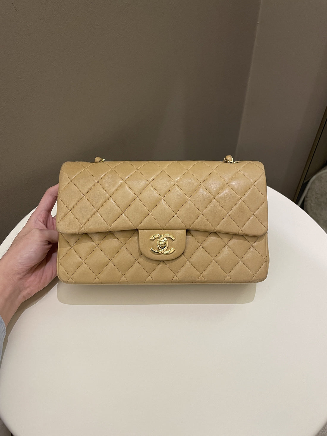 Chanel Vintage Classic Quilted Medium Double Flap Beige Lambskin