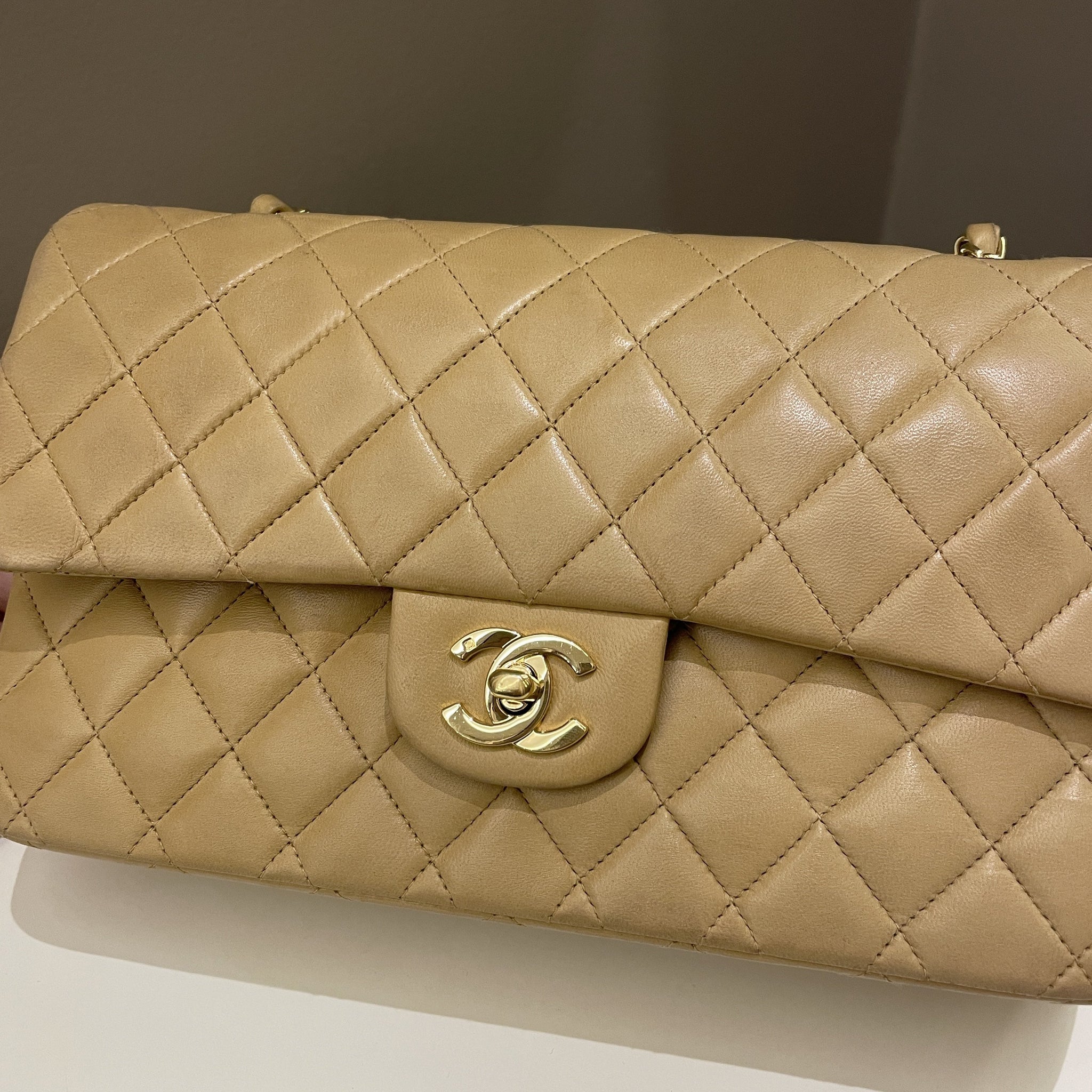 Chanel Vintage Classic Quilted Medium Double Flap Beige Lambskin