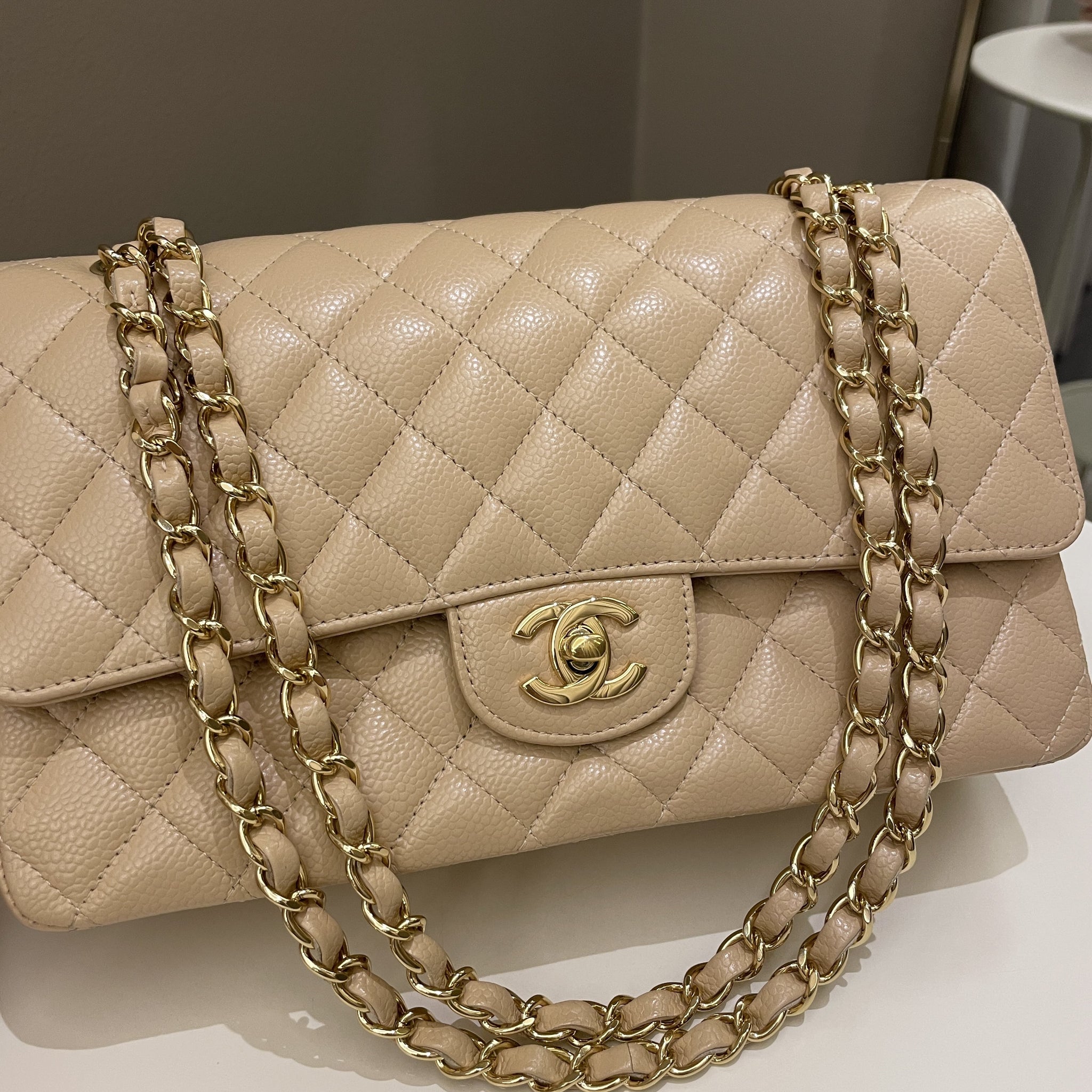 Chanel Classic Quilted Medium Double Flap Beige Claire Caviar