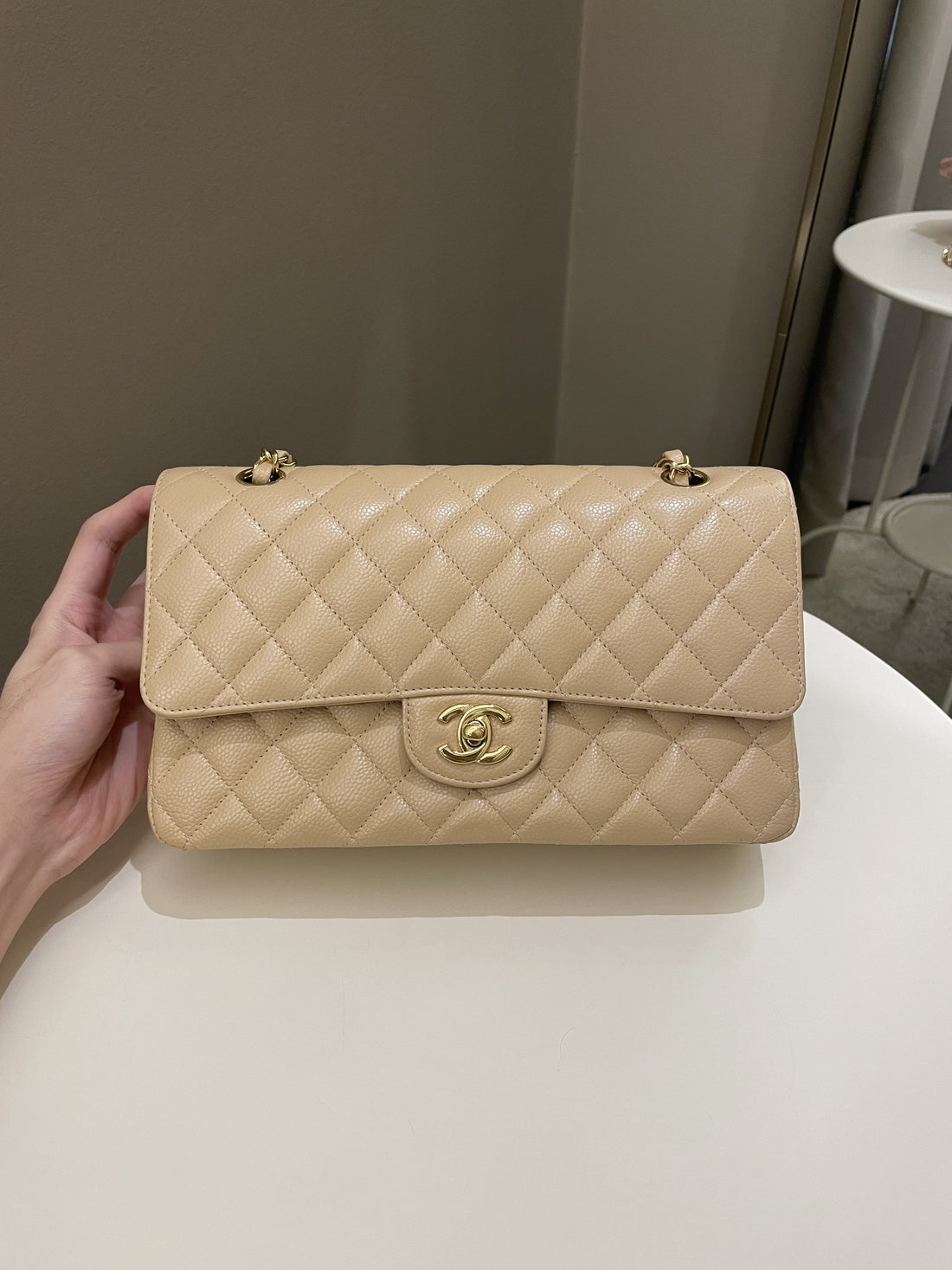 Chanel Classic Quilted Medium Double Flap Beige Claire Caviar