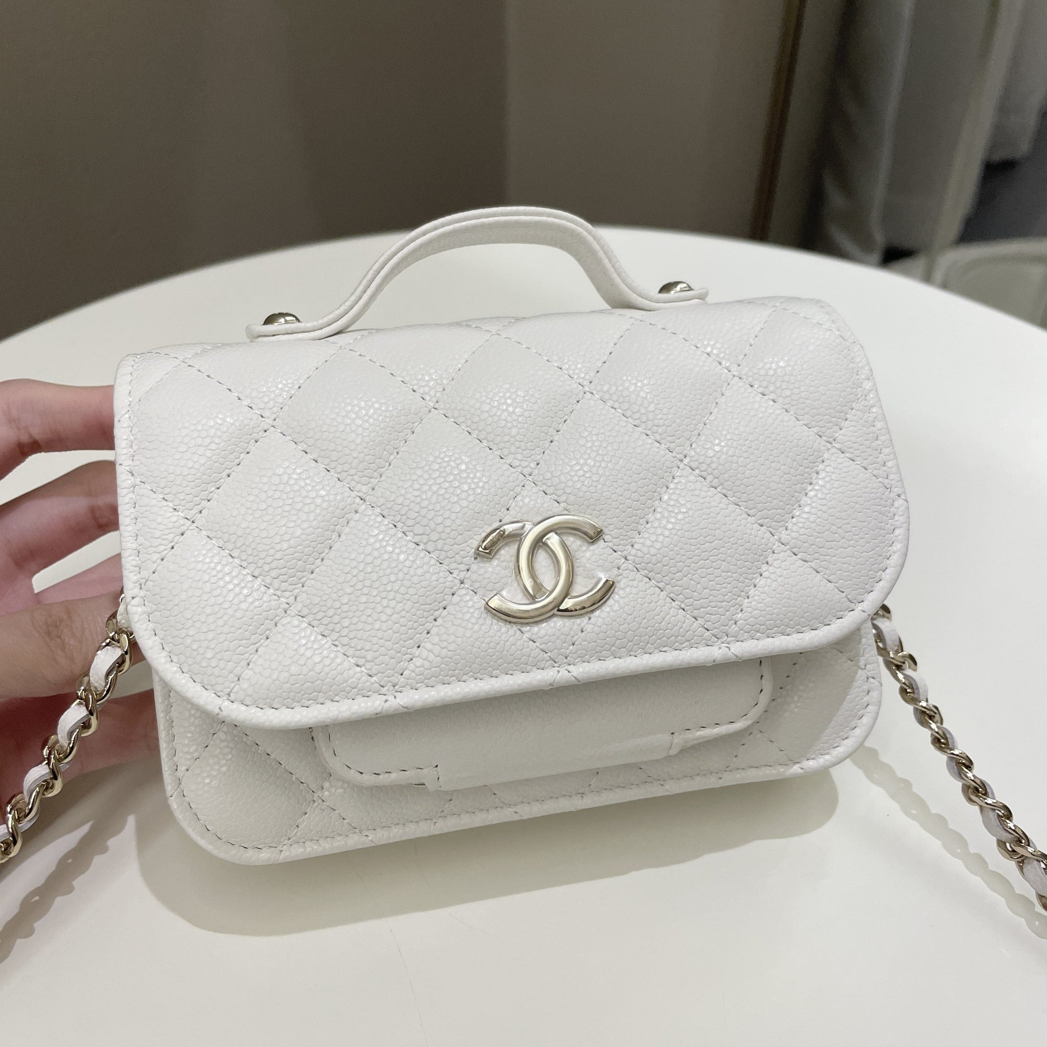Chanel Business Affinity Clutch On Chain White Caviar