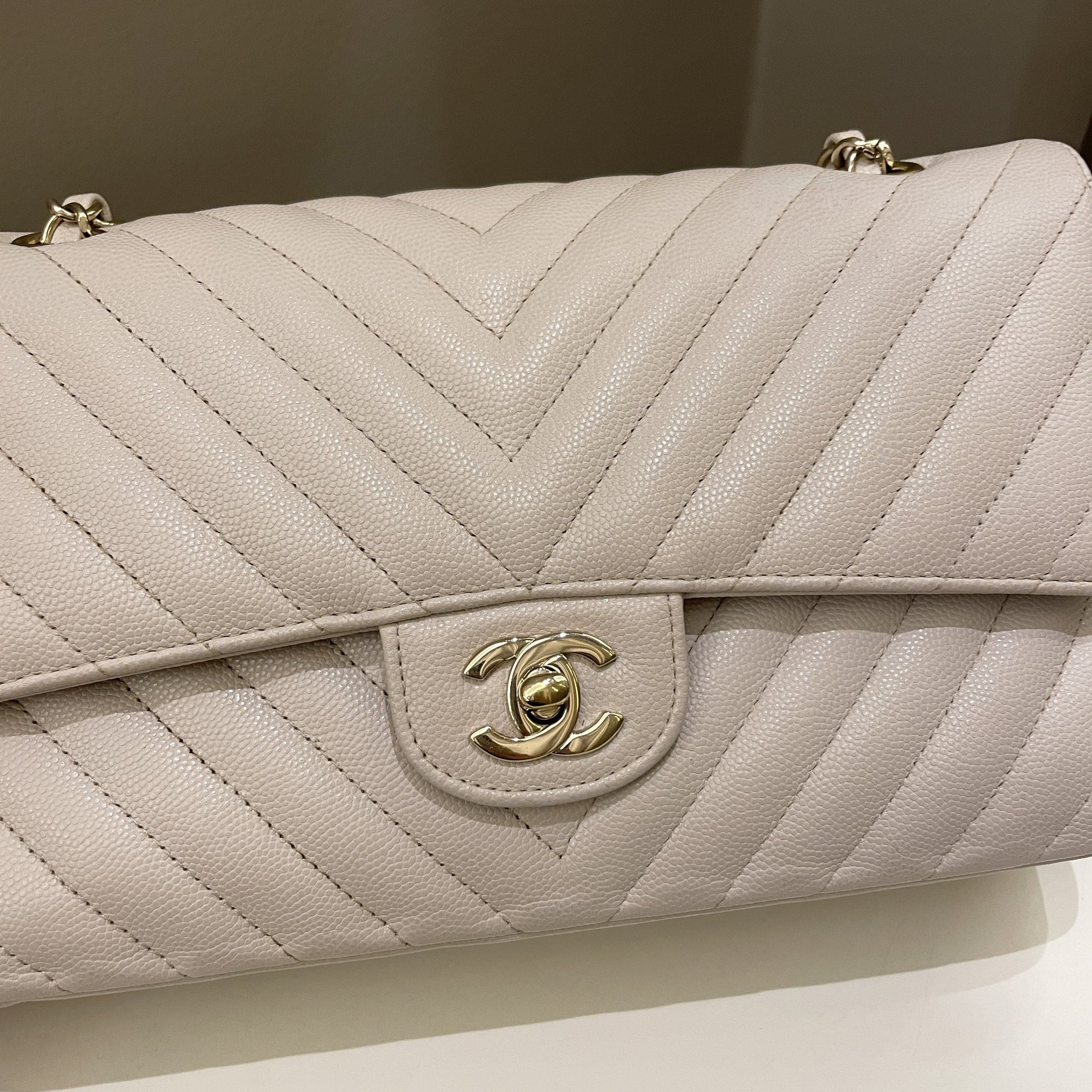 Chanel Classic Chevron Medium Double Flap Ivory Cream Caviar