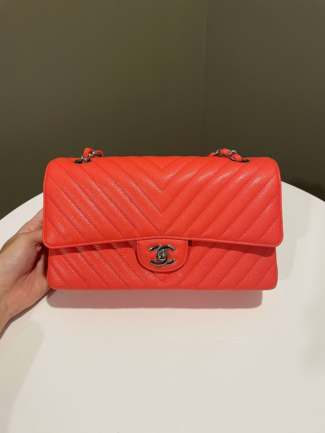 Chanel Classic Chevron Medium Double Flap Coral Caviar