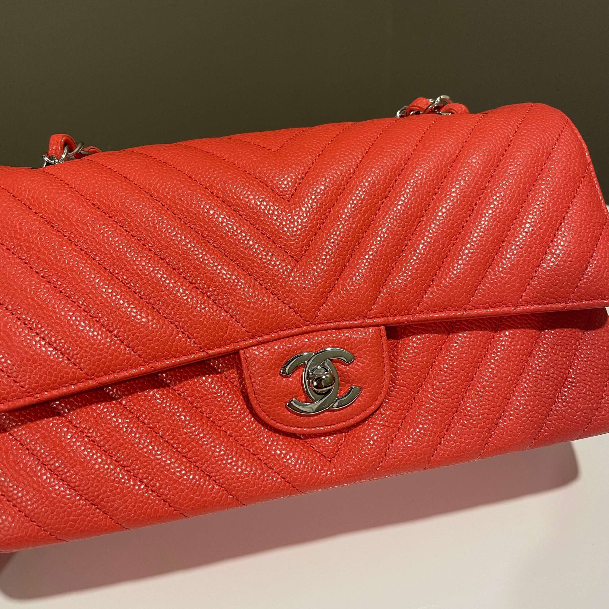 Chanel Classic Chevron Medium Double Flap Coral Caviar
