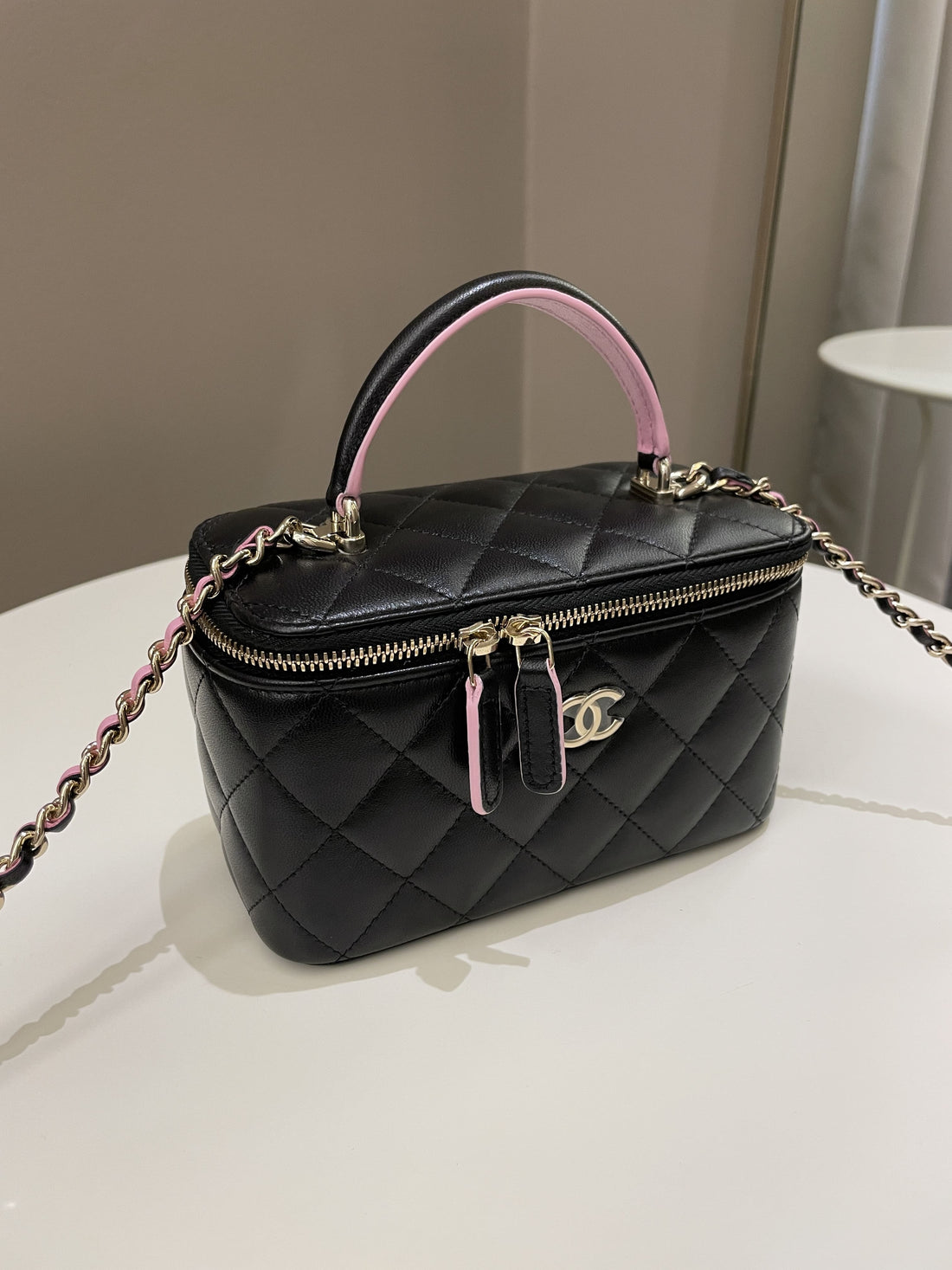 Chanel 23P Quilted Mini Vanity Rectangular Top Handle Black/ Pink Lambskin