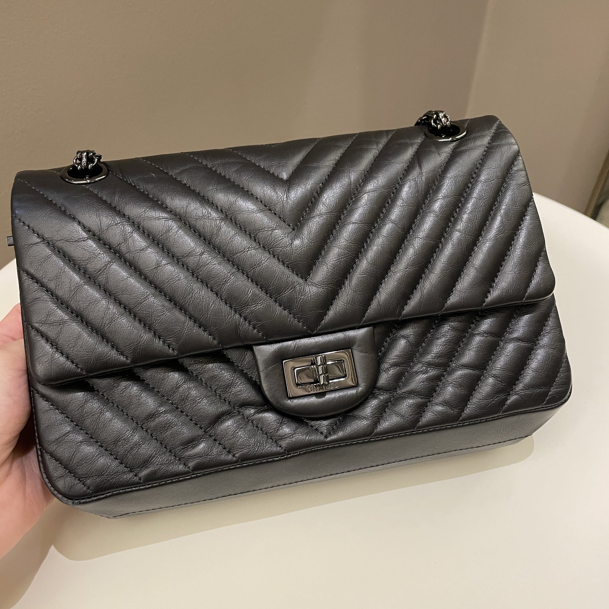 Chanel 2.55 225 So Black Chevron Reissue Double Flap Black Calfskin