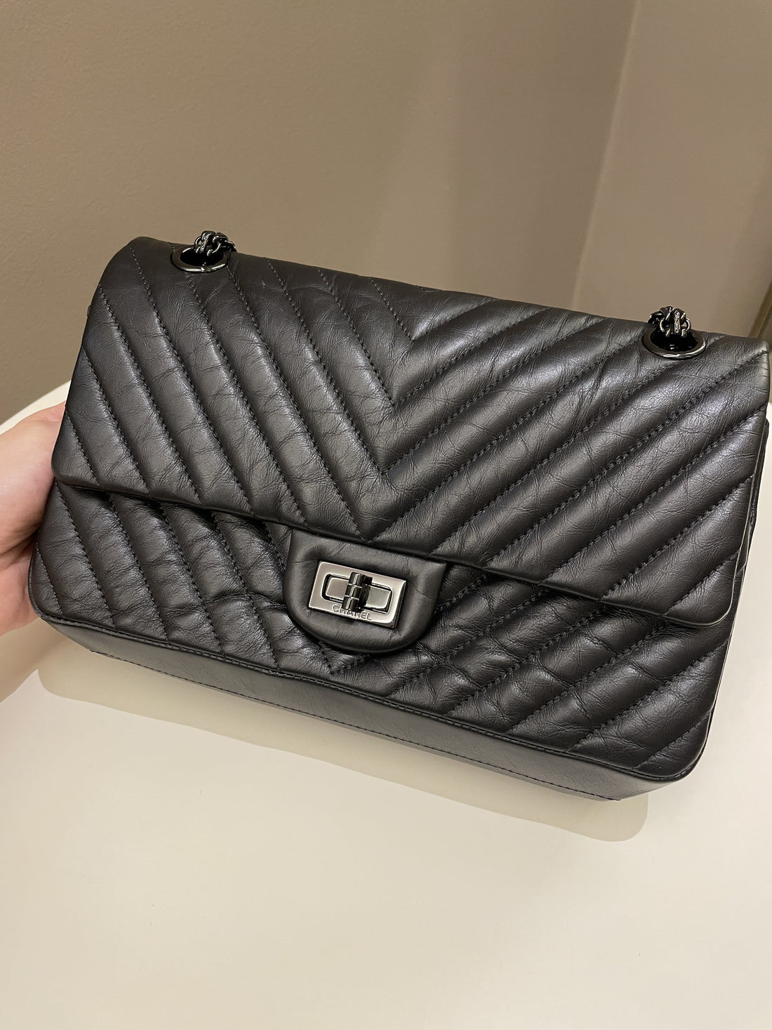Chanel 2.55 225 So Black Chevron Reissue Double Flap Black Calfskin