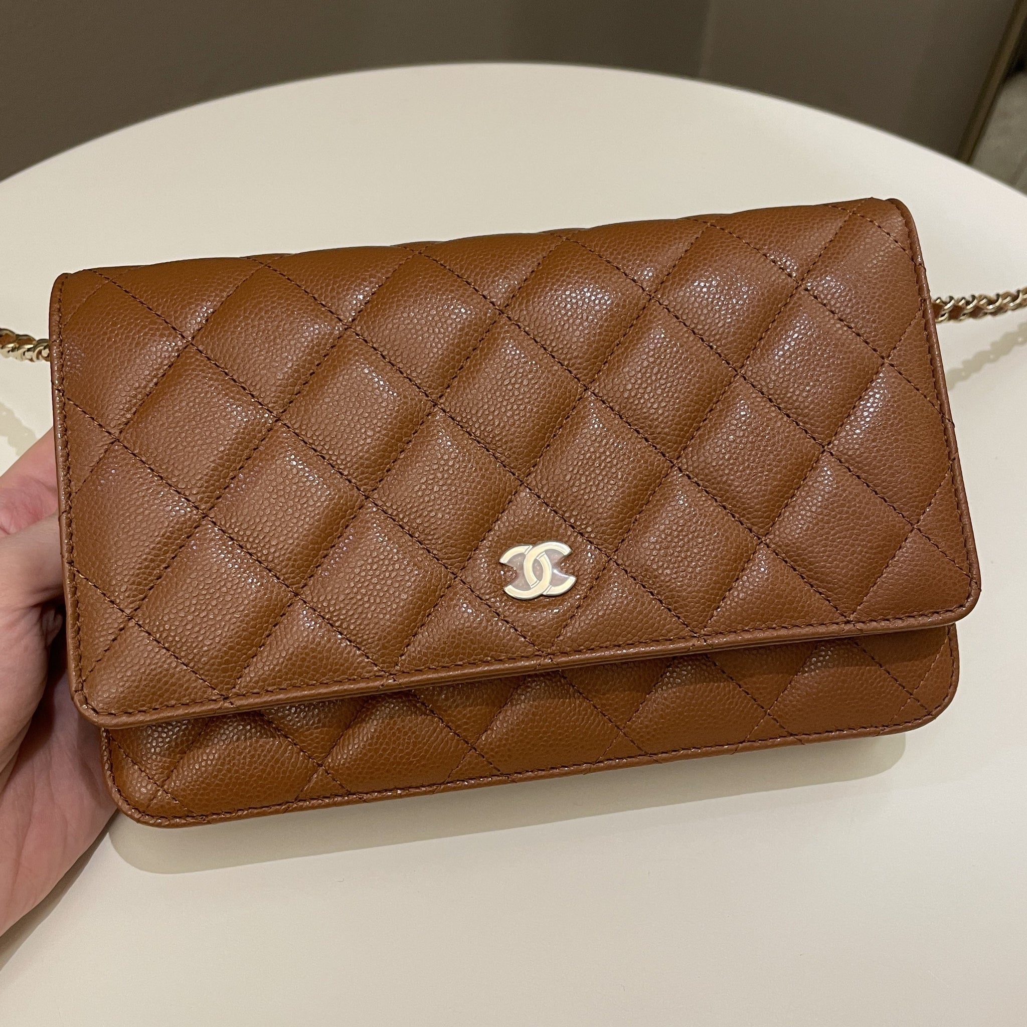 Chanel 23A Cc Quilted Wallet on Chain Tan Brown Caviar