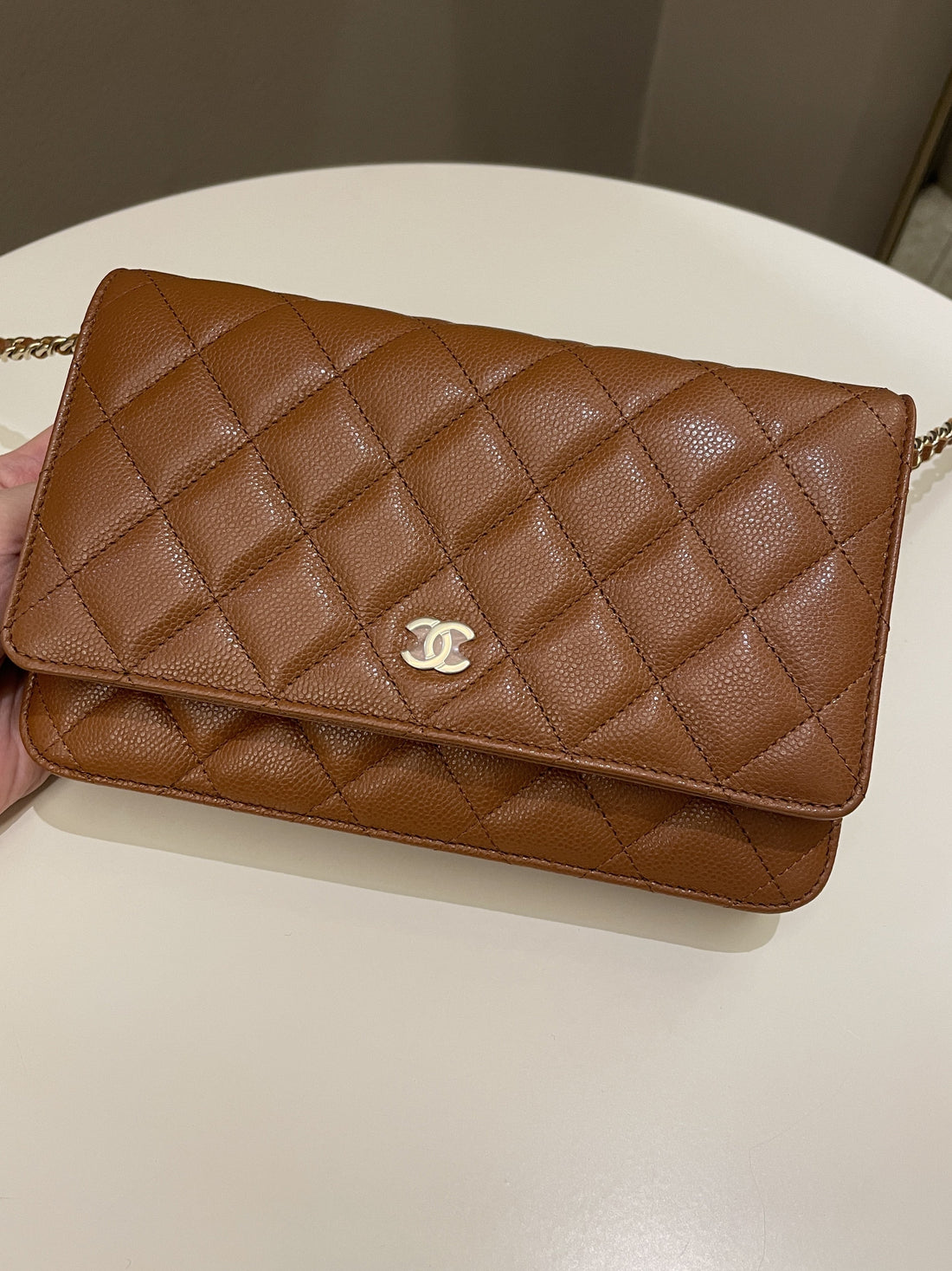 Chanel 23A Cc Quilted Wallet on Chain Tan Brown Caviar
