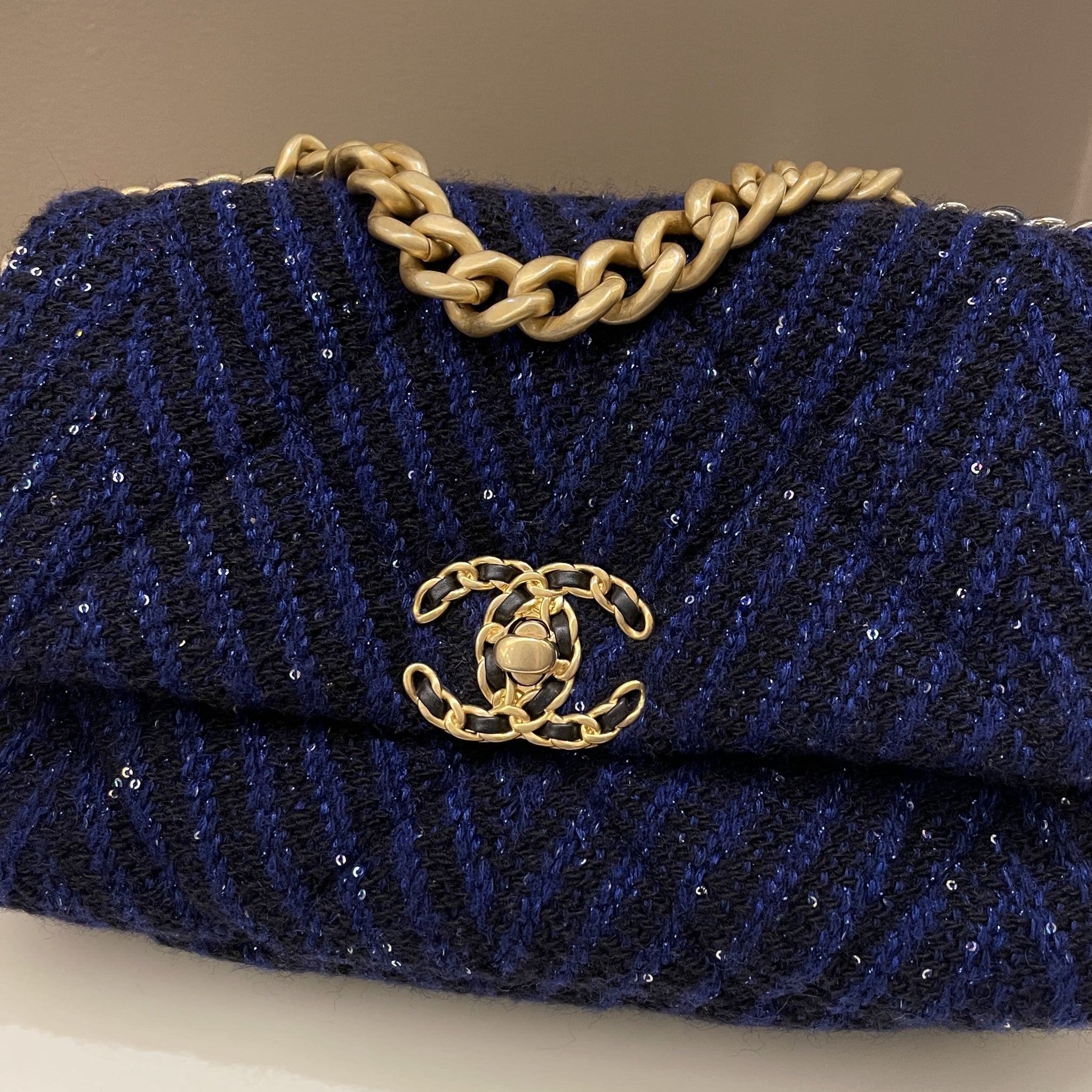 Chanel 19 Flap Bag Black / Blue Tweed Sequin