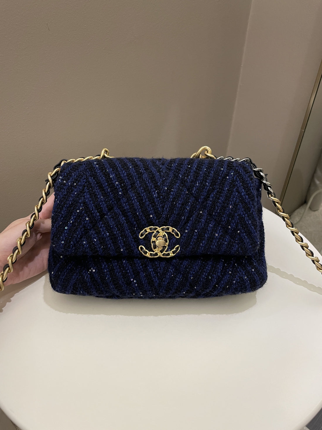 Chanel 19 Flap Bag Black / Blue Tweed Sequin