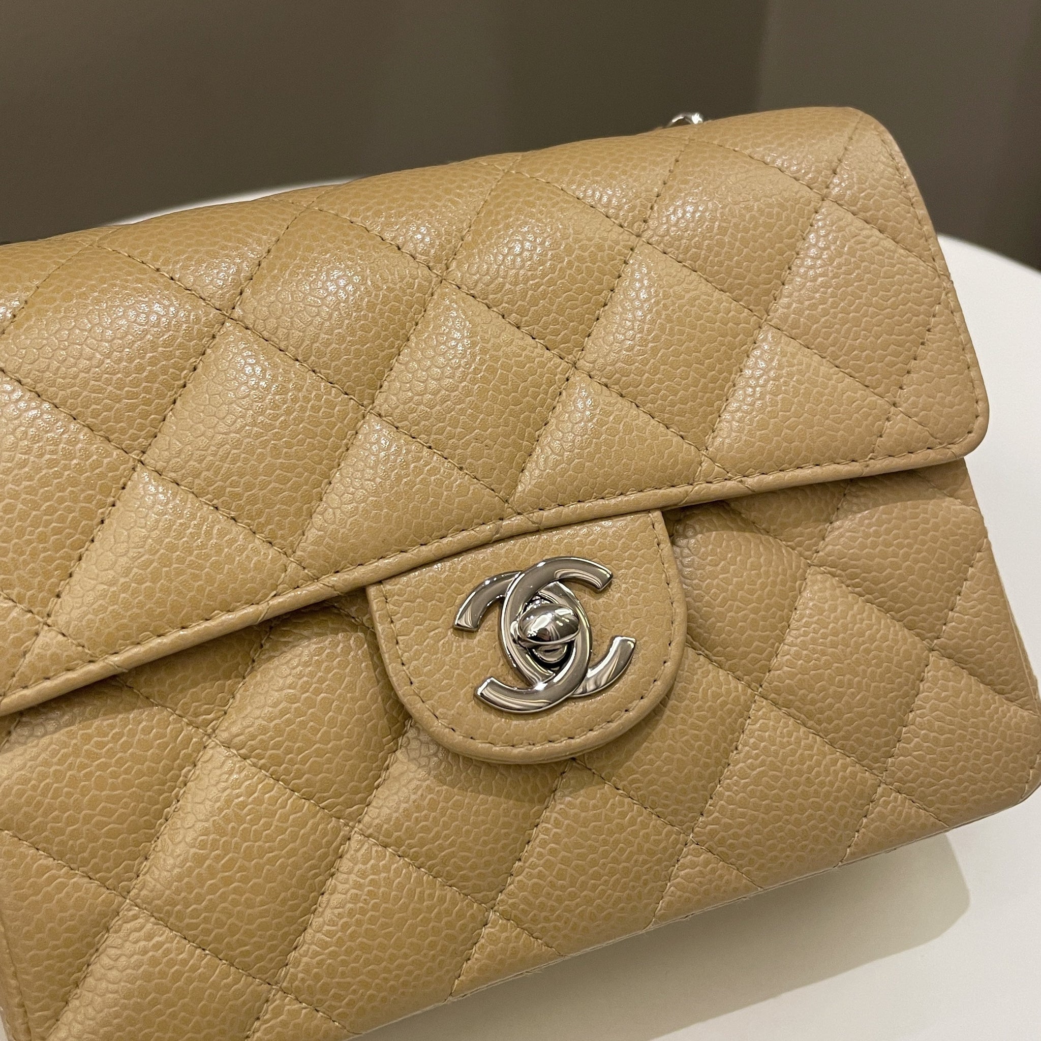 Chanel Vintage Classic Quilted Mini Square Dark Beige Caviar